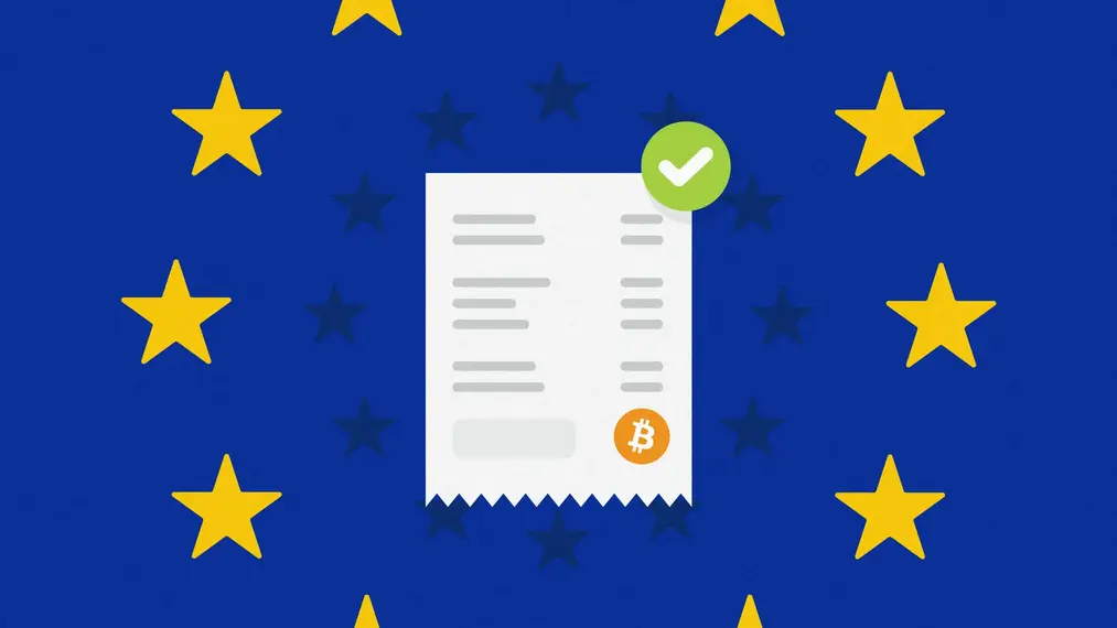 illustration of a bill with the bitcoin logo, the eu flag in the background