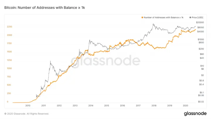 Growth of "whale" addresses and the price of BTC.