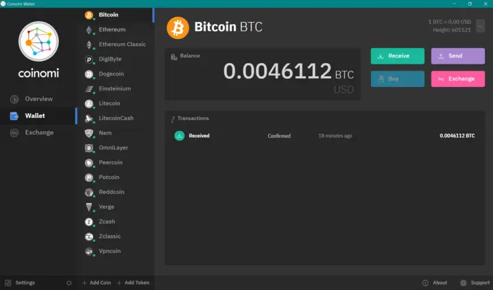 Coinomi wallet user interface