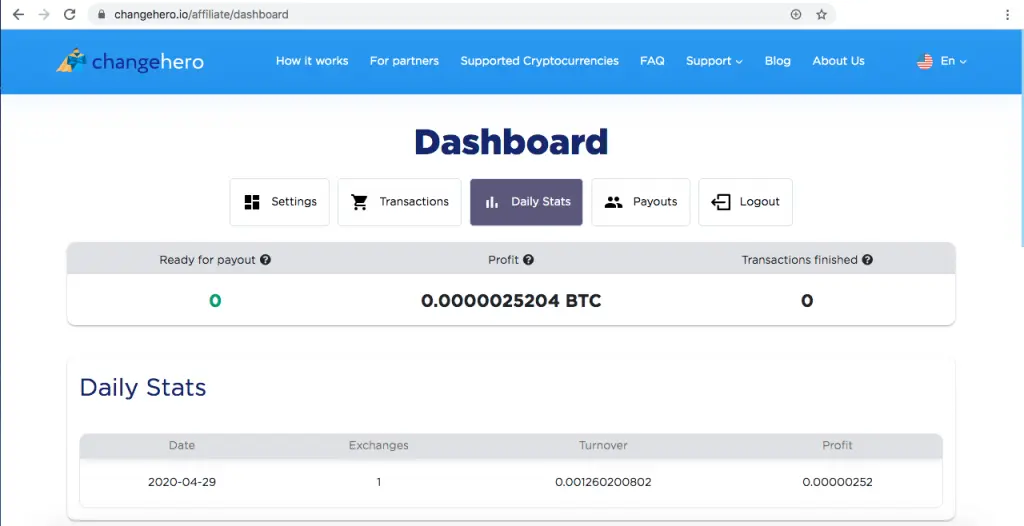 ChangeHero affiliate dashboard to check your Bitcoin earnings