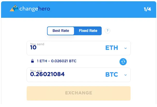 ChangeHero exchange widget for crypto affiliate program