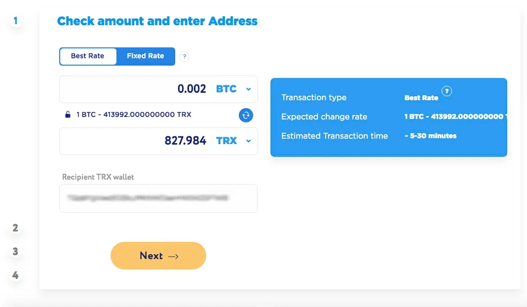 ChangeHero exchange user interface