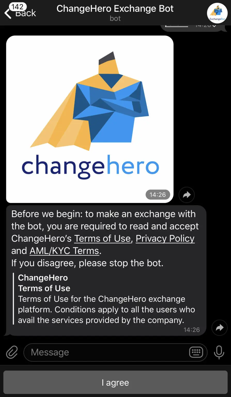 ChangeHero Exchange Bot user interface