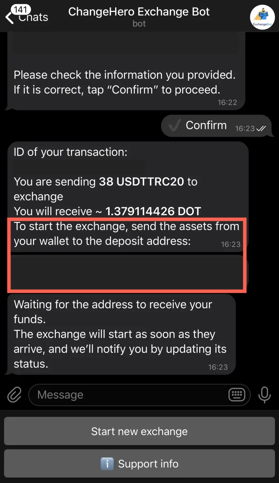 Send assets to the deposit address