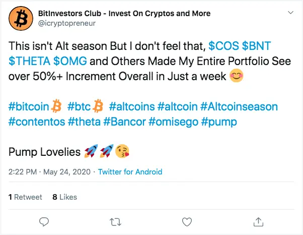 Bitinvestors Club tweeting about the altcoin season 2020