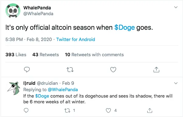 Twitter user WhalePanda about the altcoin season and Dogecoin