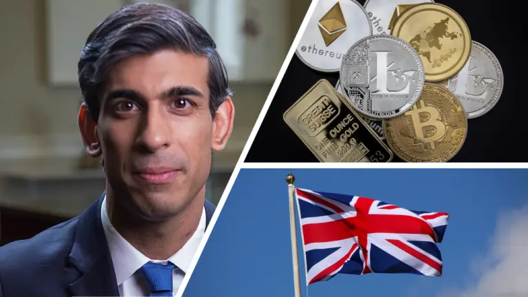 portrait of Rishi Sunak, UK flag, various cryptocurrencies