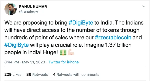 CEO of EGW Capital, Rahul Kumar announced his willingness to contribute to the adoption of DigiByte adoption in India