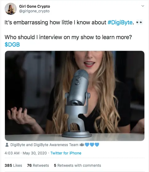 Crypto influencer @girlgone_crypto tweeting about DGB