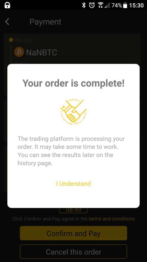 Exchange successful screen on CoolWallet S