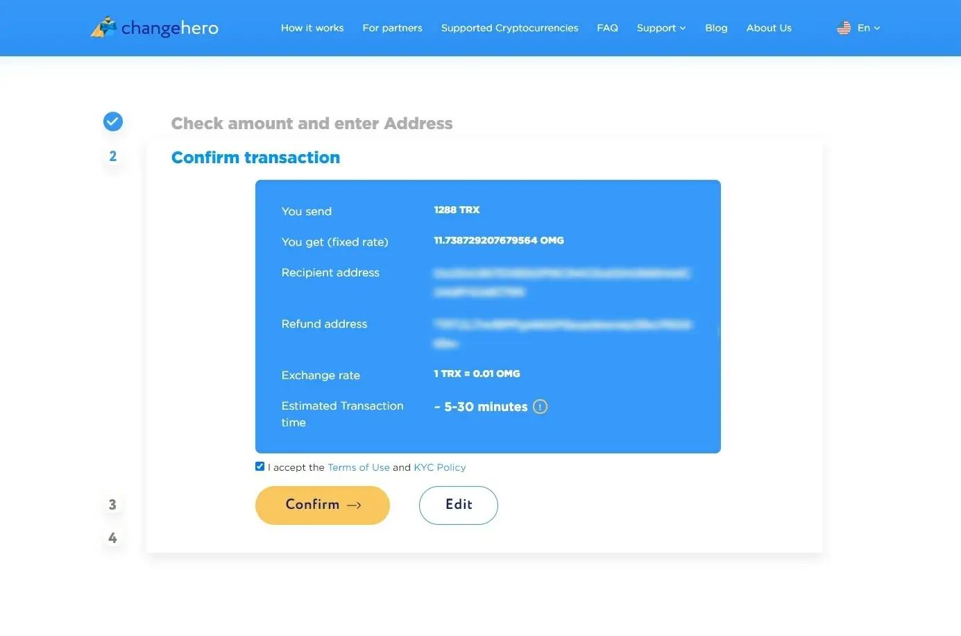 Confirm transaction screen on ChangeHero