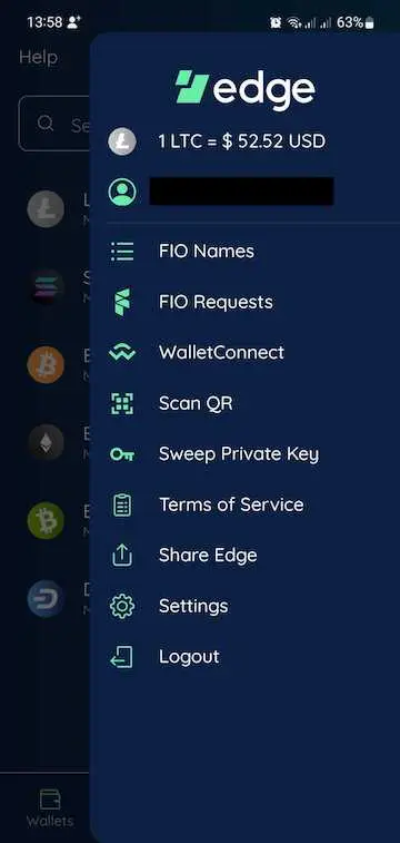 Edge wallet app menu