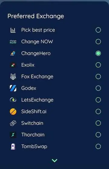 list of exchange providers of Edge with a bullet point, ChangeHero is toggled on