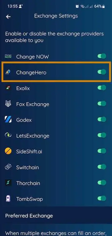 list of exchange providers of Edge with toggles, ChangeHero is highlighted