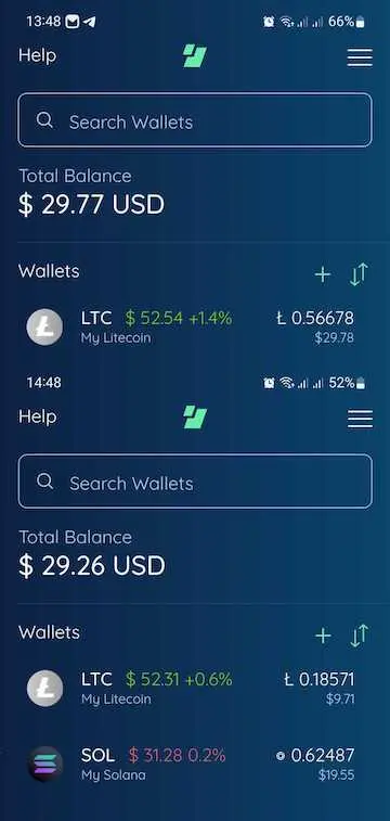 comparison of the wallets tab before and after the swap, upper one froom before has $30 usd worth of ltc, bottom one from after has $20 worth of sol and $10 worth of ltc