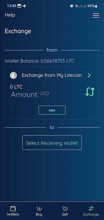 exchange tab in edge app, litecoin is chosen as a currency from