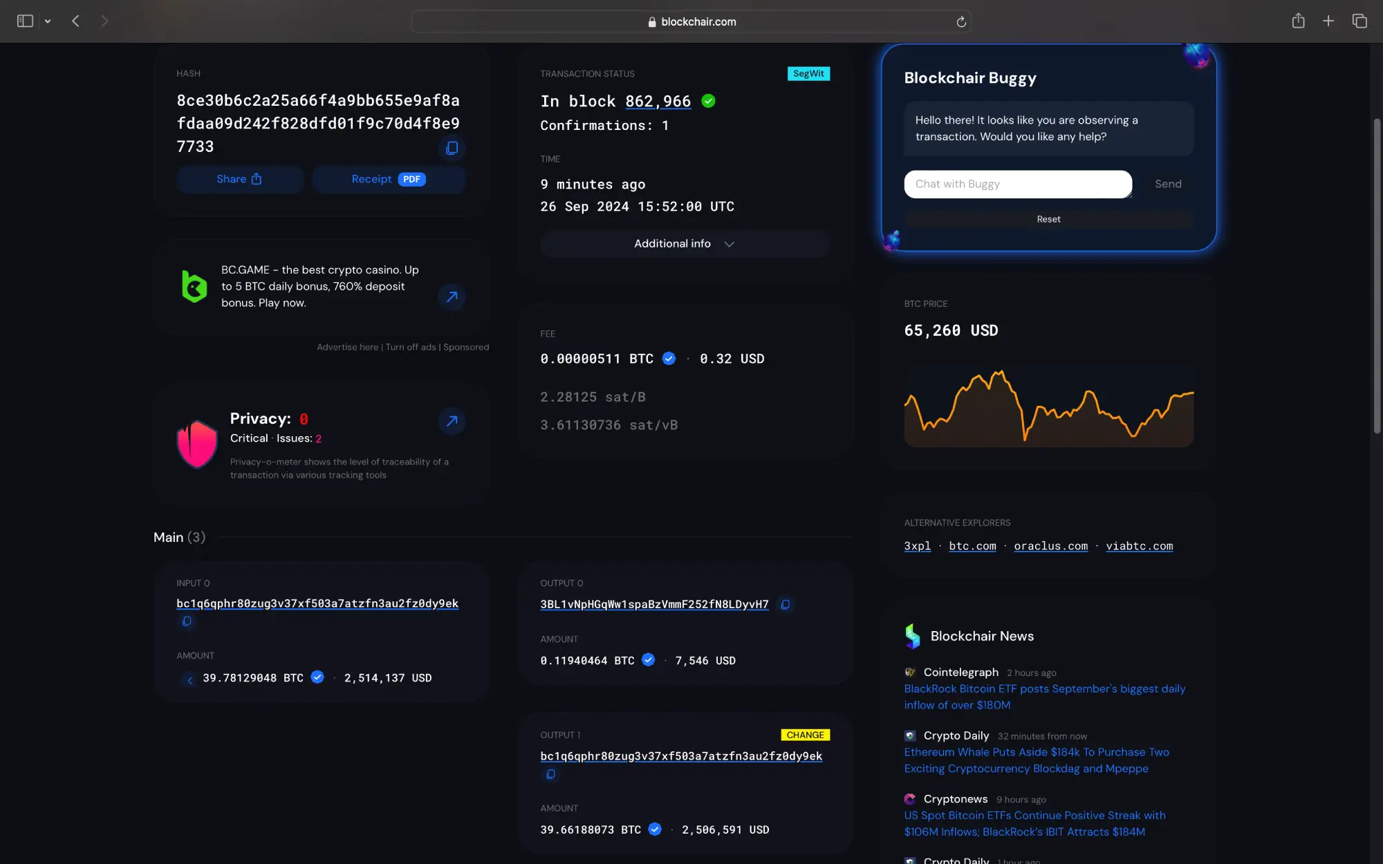 blockchair bitcoin transaction page