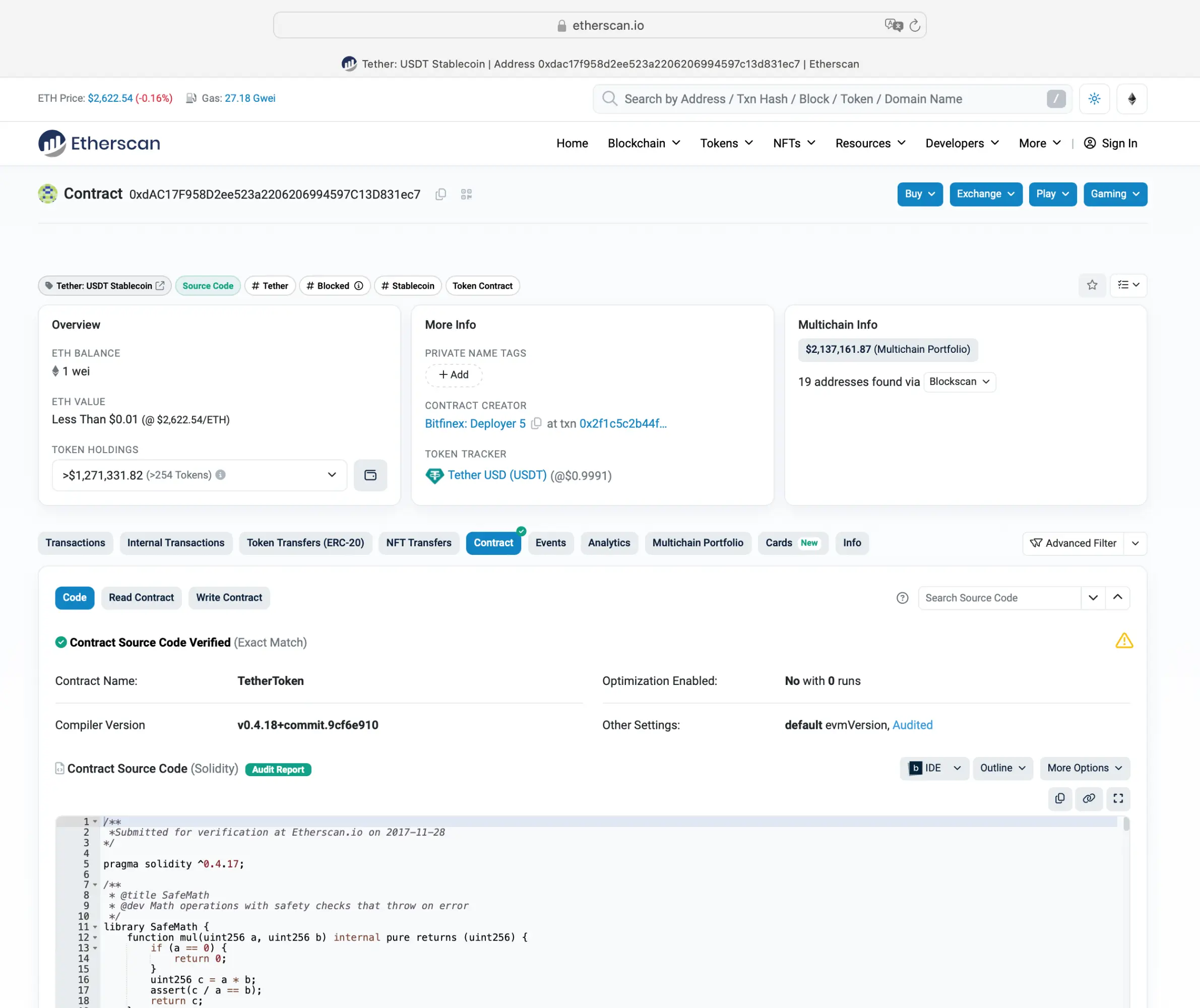 etherscan contract address landing page tether