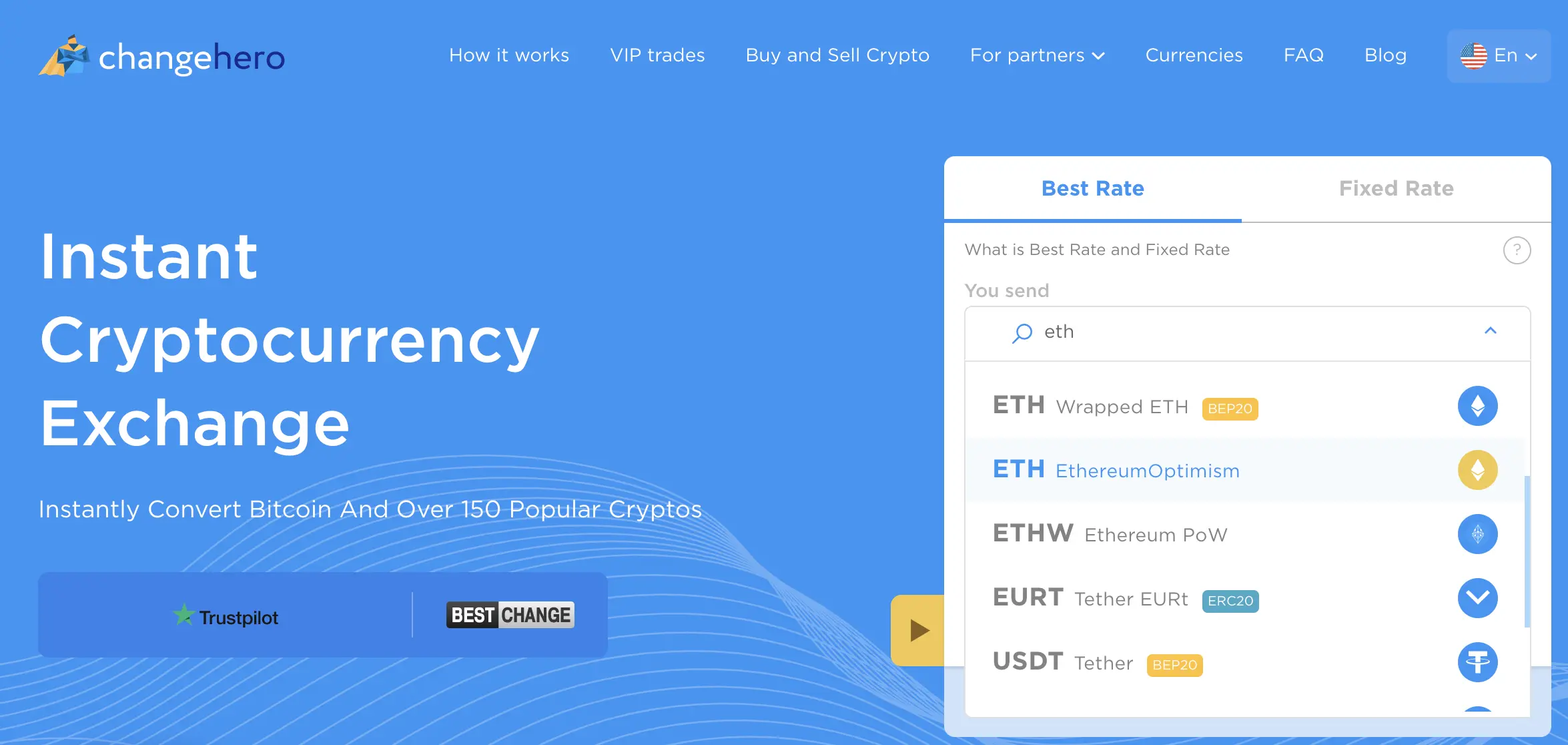 optimism ethereum on changehero website main page