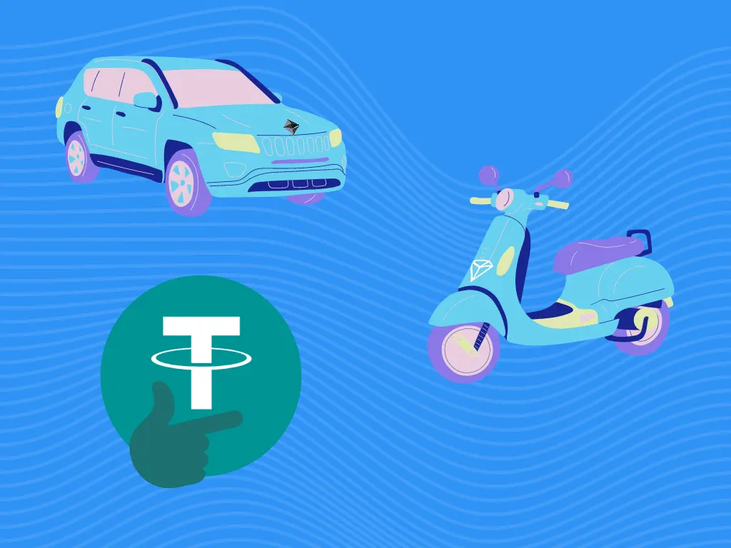 tether logo stylized to look like thinking emoji choosing between a suv with the ethereum logo and scooter with the tron logo