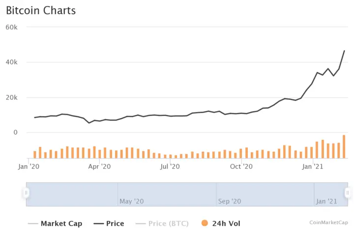 Bitcoin price chart for 2020-2021