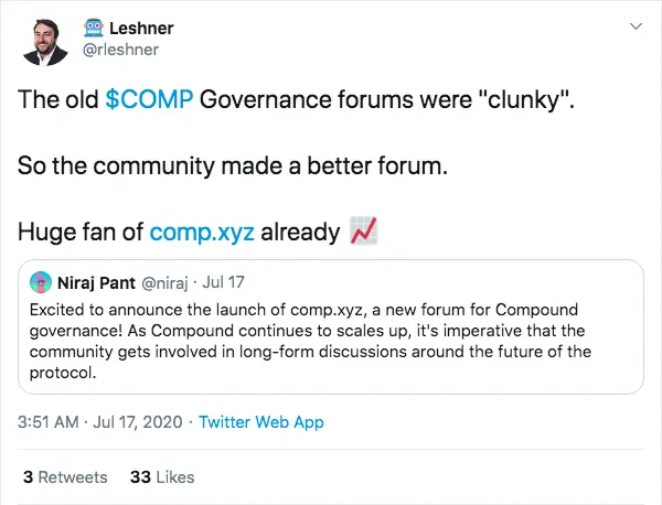 Robert Leshner, the Compound company spokesperson praising the new COMP Governance forum.