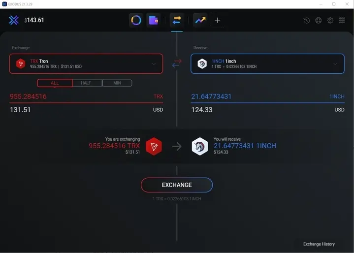 Exchange interface on Exodus wallet