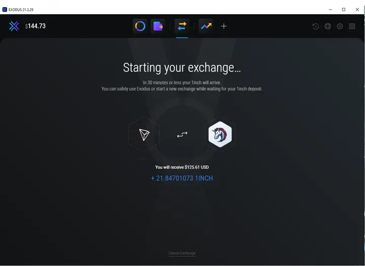 Exchanging TRX to INCH in Exodus wallet