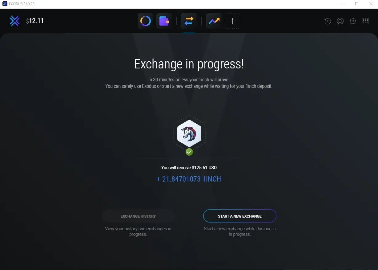 Completed exchange in Exodus wallet