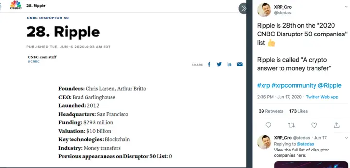 Ripple standing in the 28th position in CNBC's Disruptors 50 list.