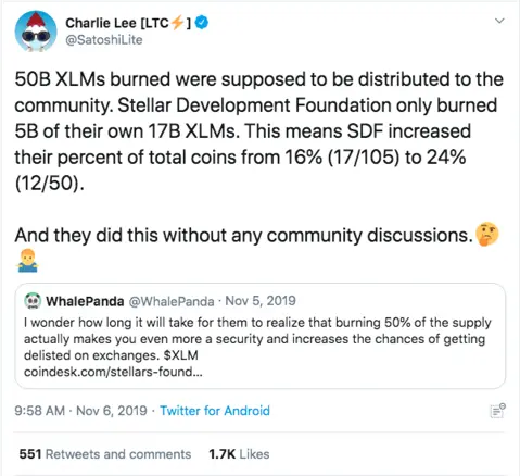 Charlie Lee on Stellar Lumens token burn