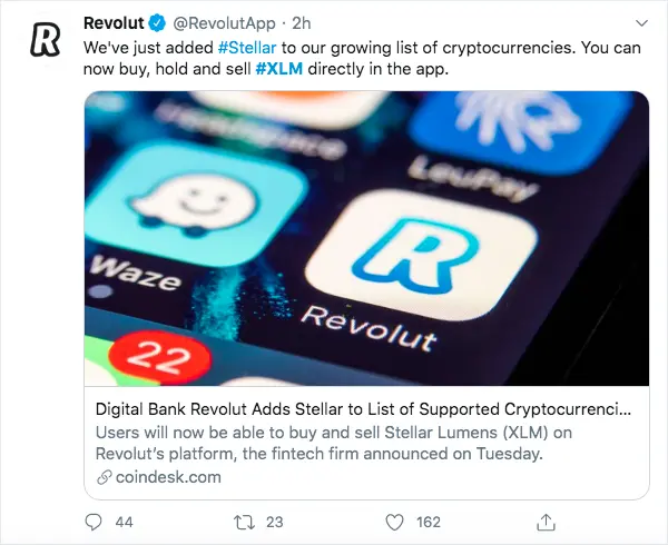 Revolut integrated XLM on their platform