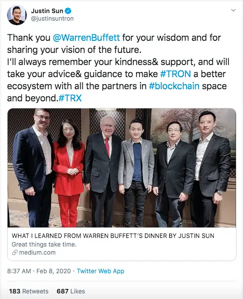 Tron CEO, Justin Sun meeting with Warren Buffett