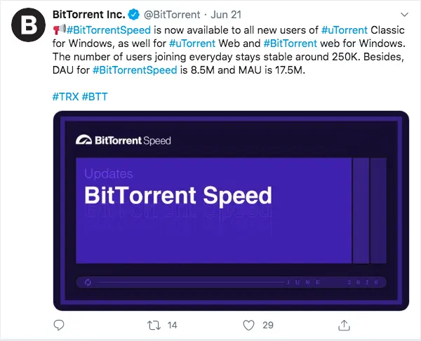 BitTorrent Speed announcement on Twitter