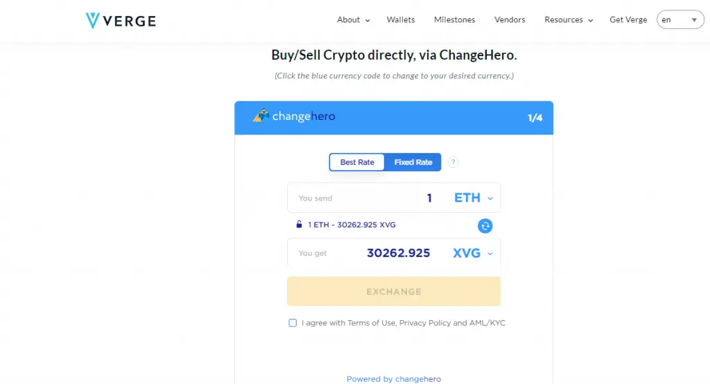 Buy XVG with ChangeHero on Verge Currency website